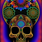 Colorful Psychedelic Skull Artwork with Floral and Mandala Designs