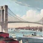 Vintage sailing ship passing under suspension bridge on calm river