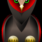 Illustration of stylized owl with green eyes, white face, brown head, red & yellow wings