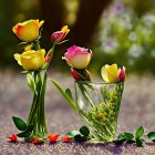 Glass vases with yellow and pink roses on textured surface, greenery in background