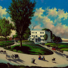 People strolling towards grand white building surrounded by trees in serene setting