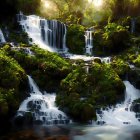 Tranquil waterfall in lush greenery with sunlight rays