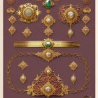 Symmetrical arrangement of gold jewelry with emeralds and pearls on maroon background