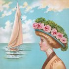 Vintage Portrait: Woman in Floral Hat Gazing at Sailboat on Blue Sea