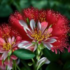 Red flowers with white and emerald details and pearl embellishments in green foliage