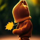 Child in large knitted hat and cozy sweater holding yellow leaf in whimsical autumn scene