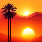 Dual suns sunset graphic with palm trees, dunes, and fence silhouette