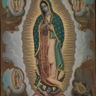 Ornate Virgin Mary with angels in starry background