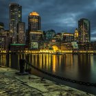 City skyline at dusk with illuminated skyscrapers and water reflections.