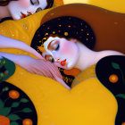 Stylized painting of two individuals in golden robes evokes serene intimacy