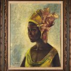 Colorful Headwrap and Gold Jewelry Portrait in Ornate Brown Frame