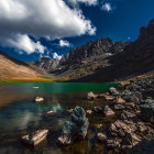 Scenic alpine lake with rugged mountains and dramatic sky