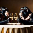 Chimpanzees with champagne glasses at table in human-like pose