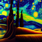 Colorful landscape painting with swirl patterns, evergreen trees, lake, hills, house, and celestial