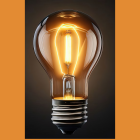 Colorful Lightbulb Graphic with Dynamic Flame on Orange Background