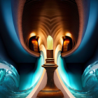 Digital image of ornate candle with bright flame against luxurious blue and gold drapery