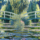 Tranquil garden scene with white arched bridge and lily pond