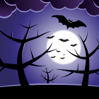 Night Sky with Silhouetted Trees, Bats, and Crescent Moon