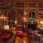 Classic Library Room with Wooden Shelves, Leather Sofas, Fireplace & Globe