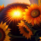 Vivid sunflowers and ornate metallic sphere under bright sun.