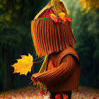 Child in oversized orange sweater with maple leaf in autumn forest illustration