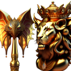 Regal lion with golden crown and ornate mane on black background