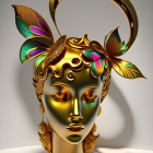 Golden female face digital art with elegant, stylized elements and regal jewelry