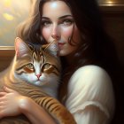 Woman with blue eyes and dark hair embracing ginger and white cat in warm light