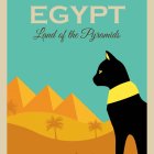 Stylized travel poster: Black cat at Pyramids of Giza under crescent moon