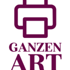 Purple abstract logo with layered squares and stylized text "GANZEN ART" and mirrored code.