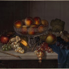 Classic Still Life Painting: Fruits, Apples, Grapes, Goblet on Fabric