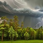 Bright lightning strike in stormy sky over serene forest landscape