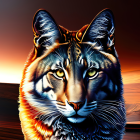 Vibrant tiger head digital art against fiery sunset background