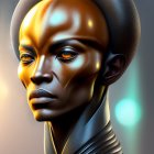 Futuristic digital art: woman with metallic skin and intricate designs.