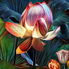 Colorful digital artwork of stylized flower and foliage.