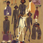 Abstract painting of seven men in suits and traditional robes against geometric backdrop