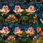 Colorful digital artwork: Stylized lotus flowers in pink and purple on dark backdrop