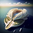 Island stadium with retractable roof surrounded by water and greenery