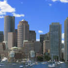 Modern city skyline with skyscrapers and boats under clear blue sky