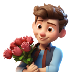 Young boy with curly hair and blue vest holding red roses bouquet in 3D illustration