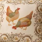 Hen Illustration Decorative Pillow with Gold and Brown Floral Patterns