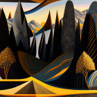 Surreal desert landscape with wavy patterns, yellow trees, and rock formations