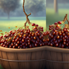 Ripe red grapes in wicker baskets against palm tree backdrop