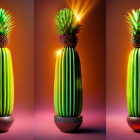 Three cactus images with colorful blooms on gradient backdrop