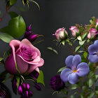 Colorful Rose and Pansy Arrangement on Dark Background