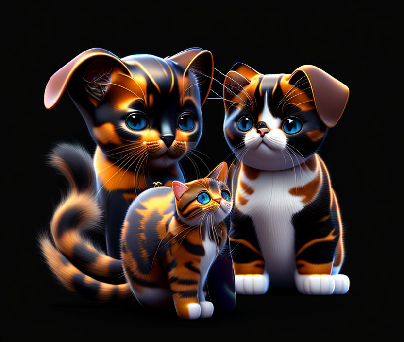 Vibrant glossy cartoon cats with large eyes on dark backdrop