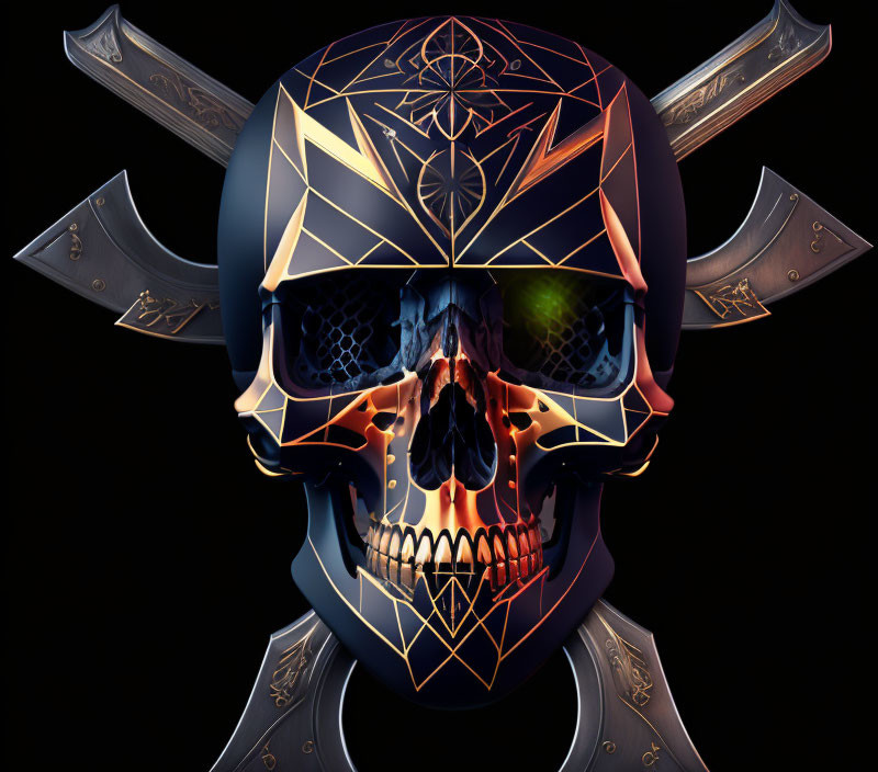 Skull digital artwork with geometric patterns and glowing eye on black background