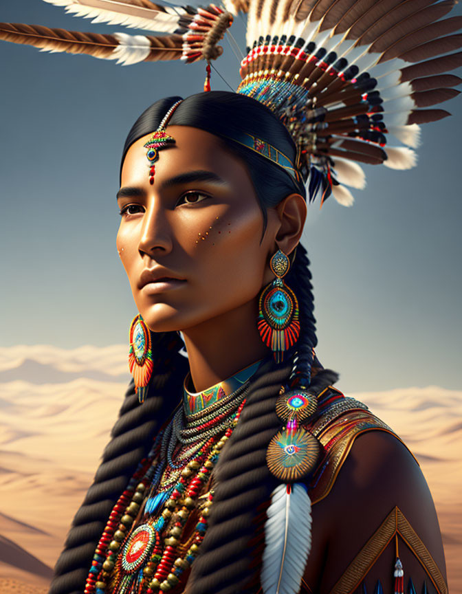 Native American person in ceremonial attire against desert backdrop