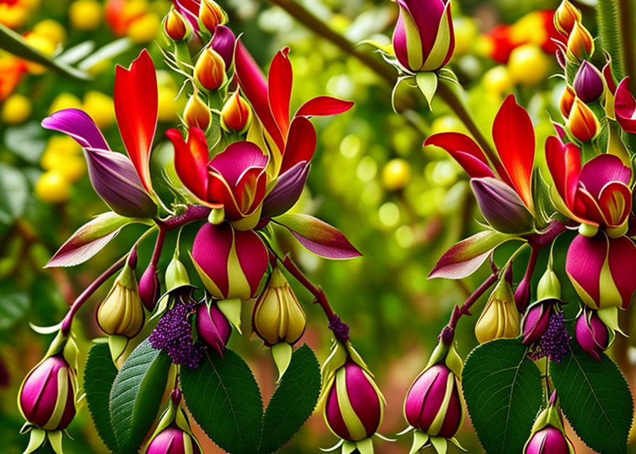 Colorful Hanging Bell-Shaped Flowers with Yellow Accents in Green Foliage