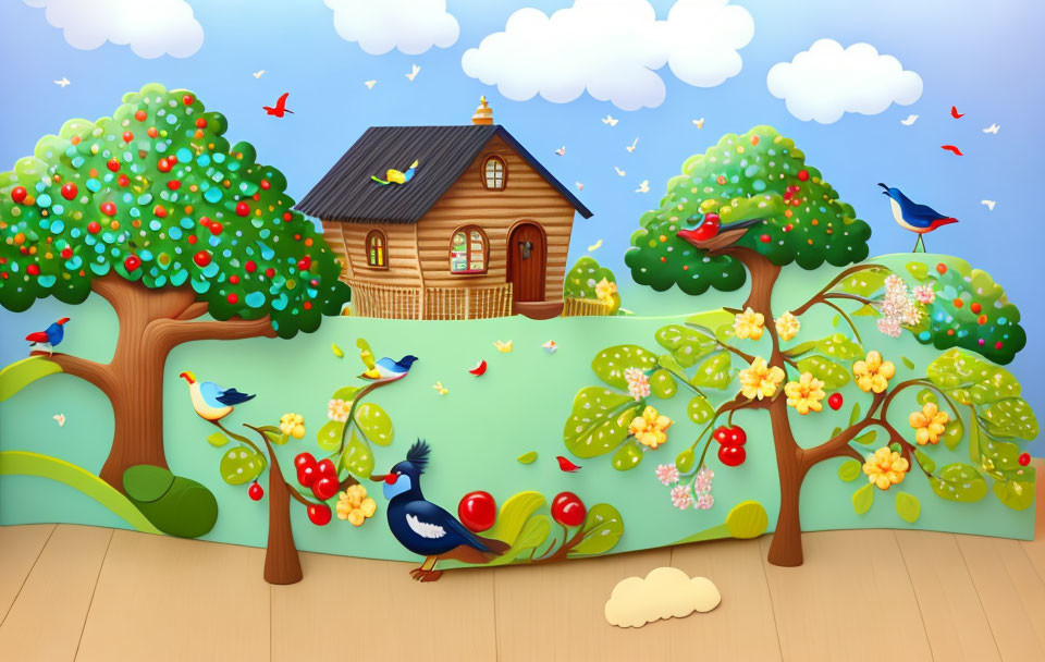 Whimsical landscape with colorful birds, fruit trees, wooden house